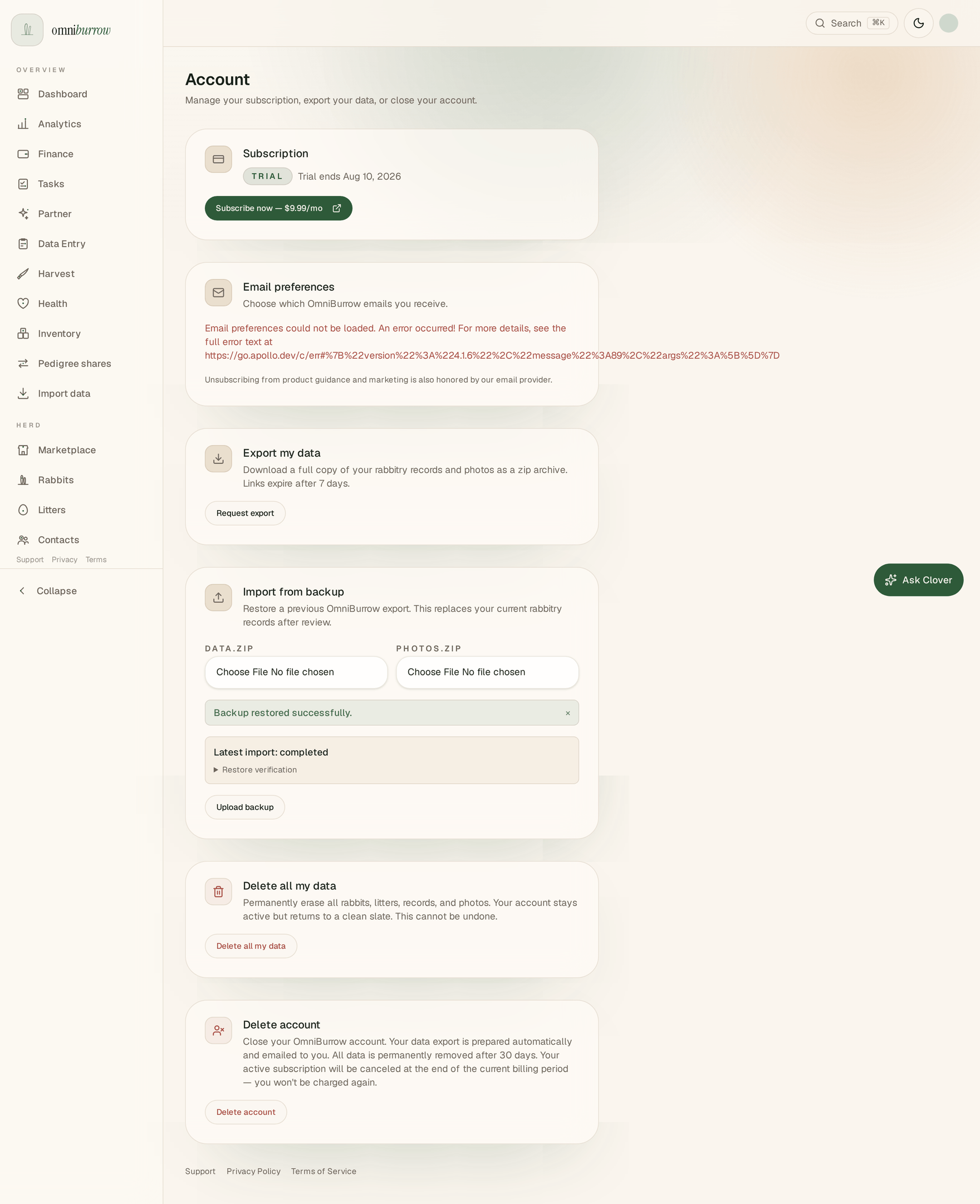 The web account page listing email preference toggles, an Export my data card, an Import from backup card, a Delete all my data card, and a Delete account card