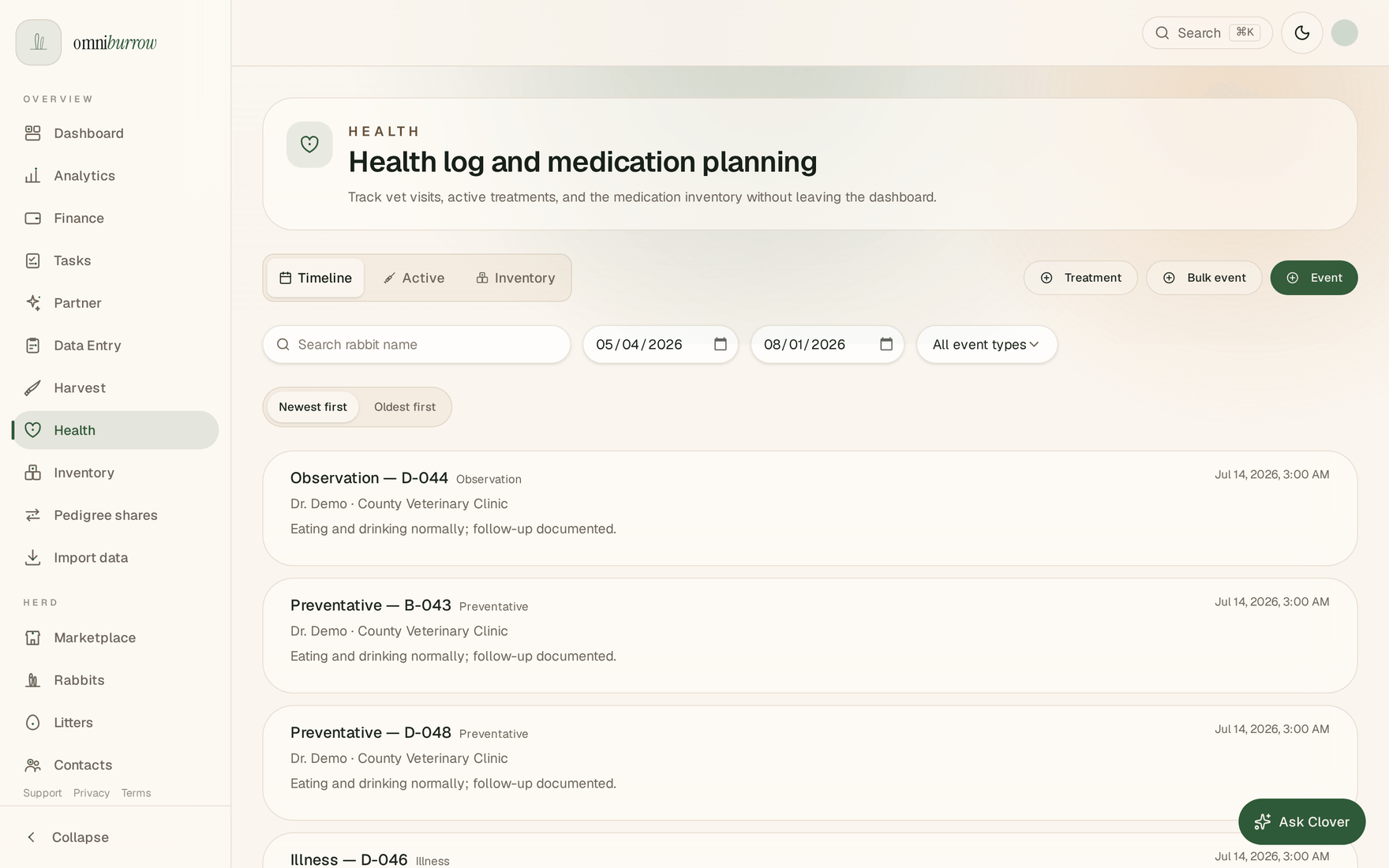 The web health hub on its Timeline tab, with Active and Inventory tabs alongside it, a rabbit-name search, a date range, an event-type filter, and a list of observations, vet visits, illnesses and preventatives