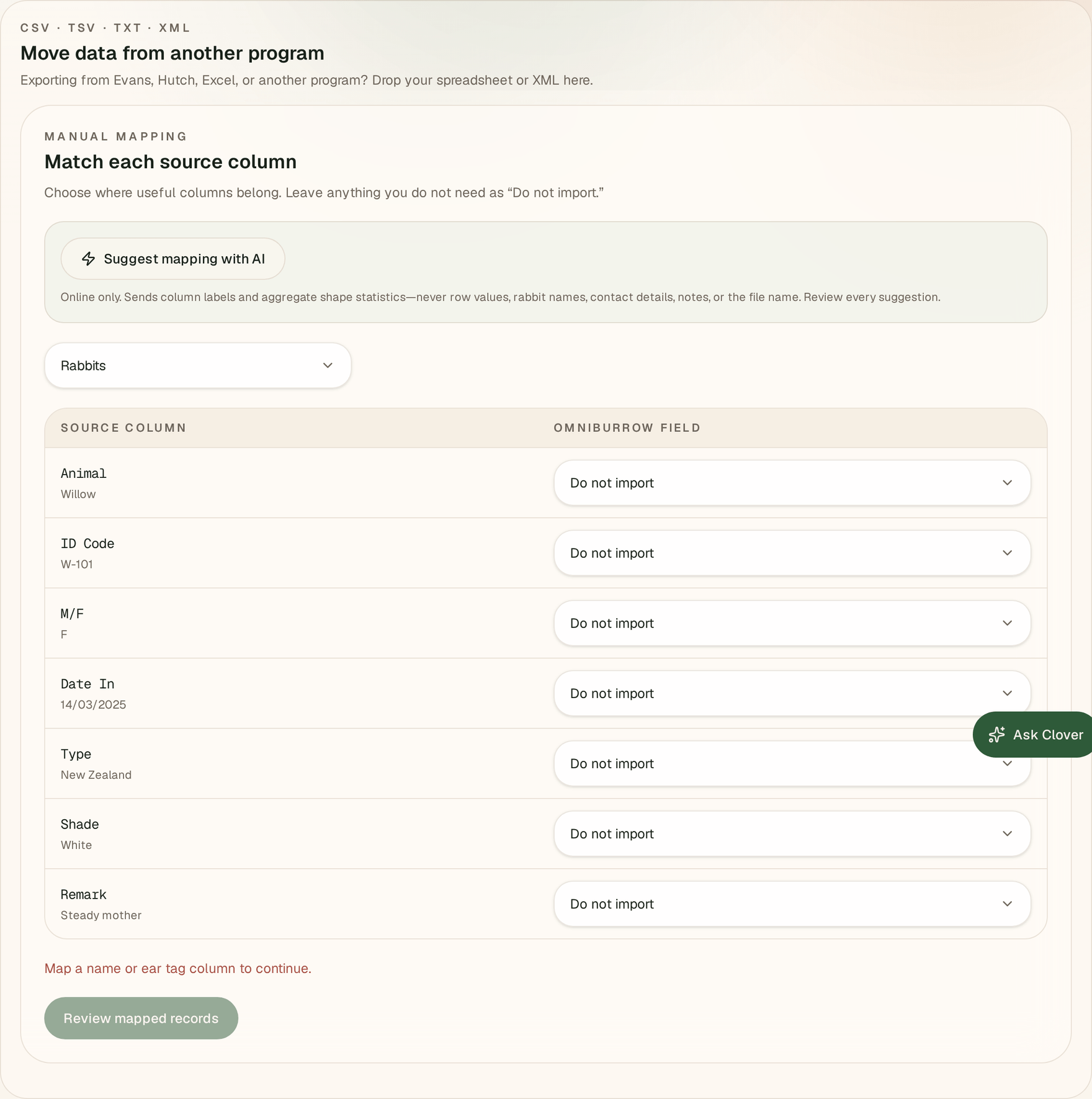 The web manual mapping screen, listing each source column with its first-row sample value on the left and an OmniBurrow field picker set to Do not import on the right, with a hint that a name or ear tag column must be mapped before continuing