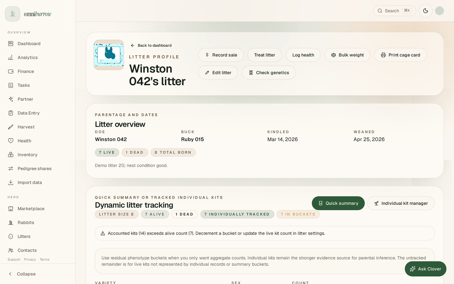 A web litter profile showing the doe, buck, kindled and weaned dates, live and dead counts, and the dynamic litter tracking card listing individually tracked kits alongside kits held in a phenotype bucket