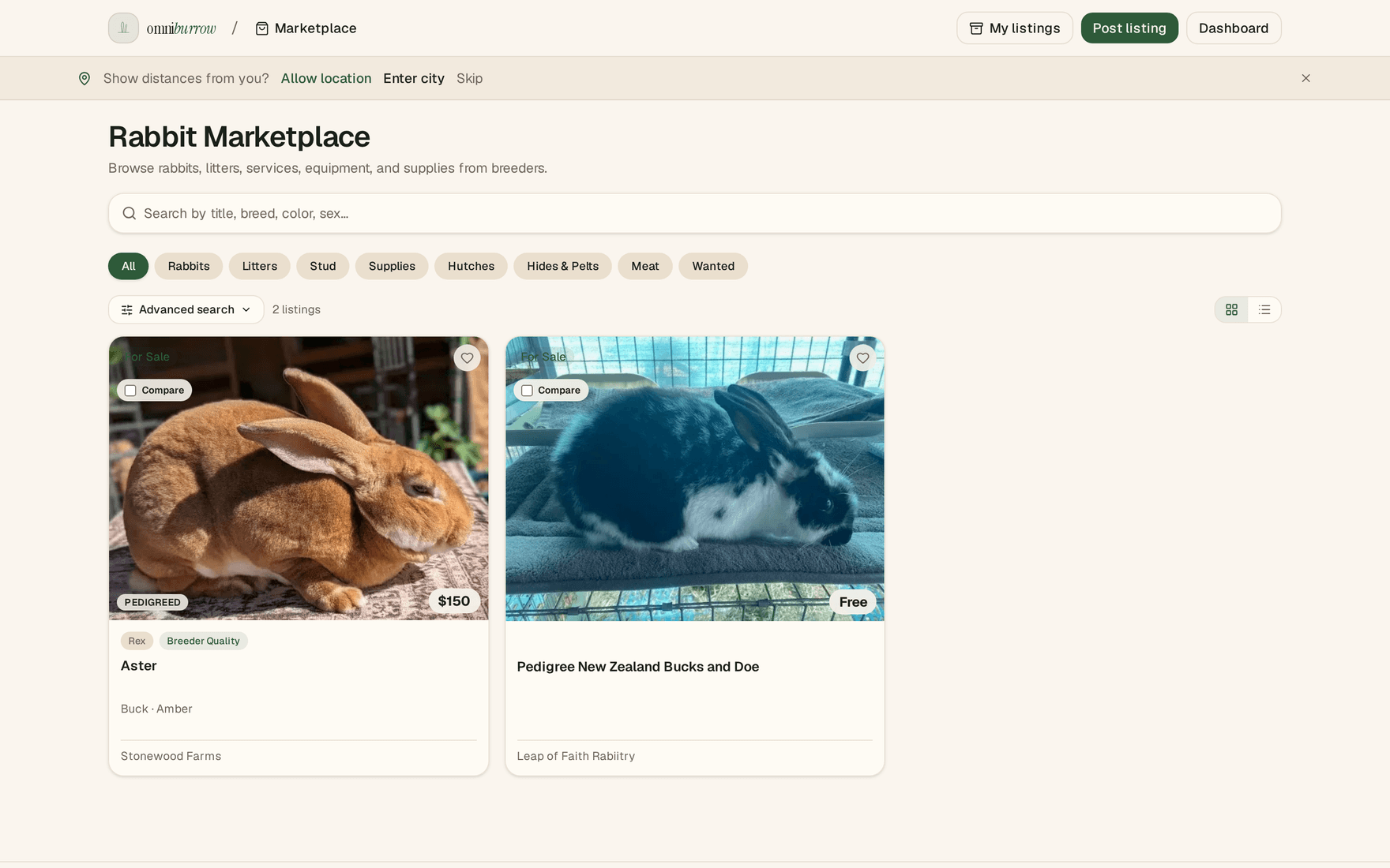 The public rabbit marketplace with category filters for rabbits, litters, stud, supplies, hutches, hides and pelts, meat and wanted, above listing cards showing a photo, price, breed tags and the seller's rabbitry name
